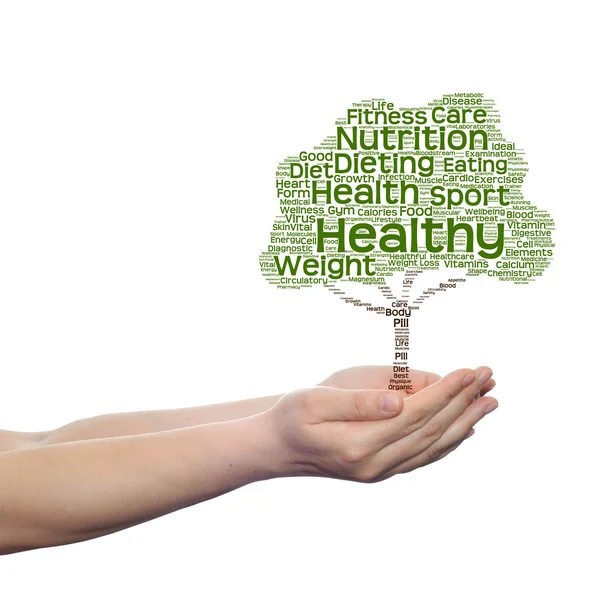 Concept of conceptuele groen de gezondheid tekst woord wolk of tagcloud als boom in man of vrouw hand geïsoleerd op witte achtergrond — Stockfoto