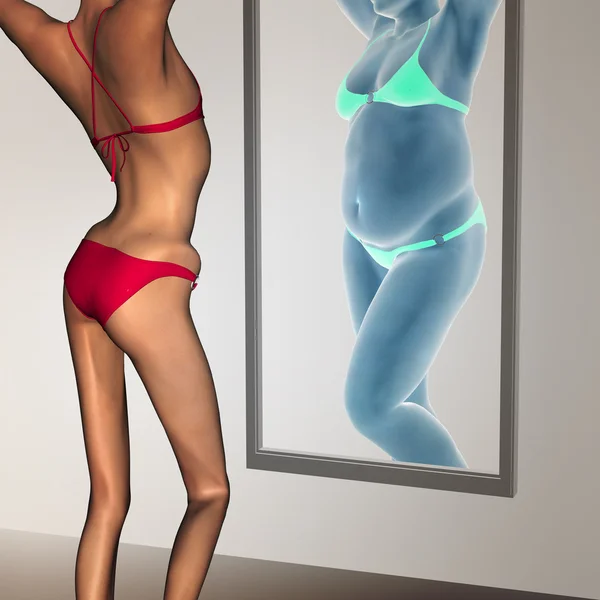 Concetto o concettuale donna 3D, ragazza grassa, sovrappeso vs in forma sana, magra sottopeso femmina anoressica prima e dopo la dieta su uno specchio — Foto Stock