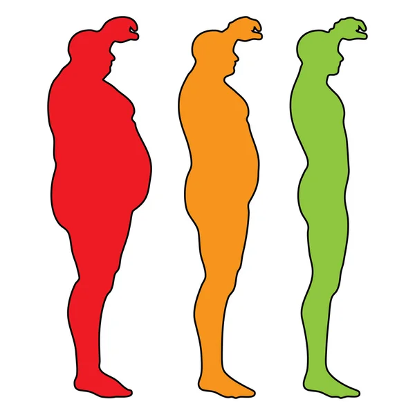 Konzept oder konzeptionelle 3D-Fett Übergewicht vs schlank fit Ernährung mit Muskeln junger Mann Silhouette isoliert auf weißem Hintergrund — Stockfoto
