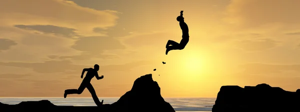 Concepto o conceptual 3D hombre joven o hombre de negocios silueta salto feliz desde el acantilado sobre la brecha de agua puesta de sol o amanecer cielo fondo bandera —  Fotos de Stock