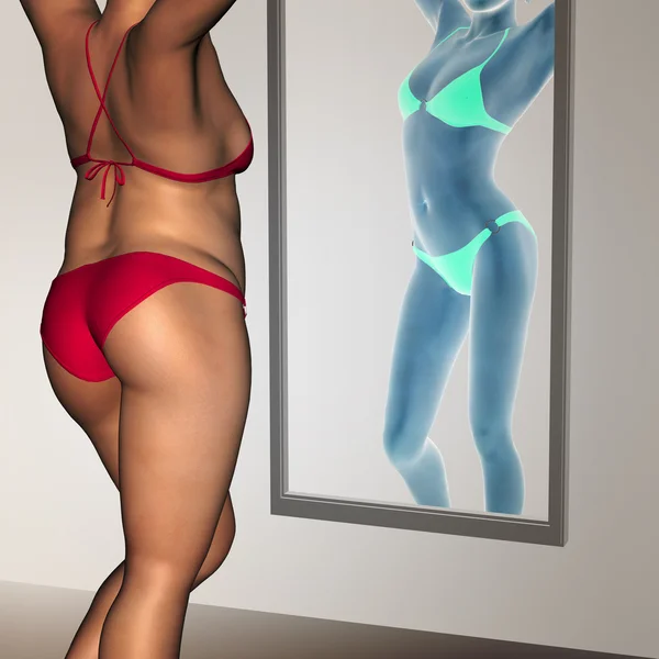Concetto o concettuale donna 3D, ragazza grassa, sovrappeso vs in forma sana, magra sottopeso femmina anoressica prima e dopo la dieta su uno specchio — Foto Stock