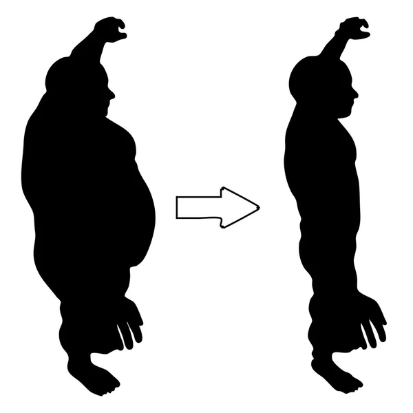 Koncepce nebo konceptuální 3d tlustá obézní vs slim fit stravu s svaly mladý muž silueta izolovaných na bílém pozadí — Stock fotografie
