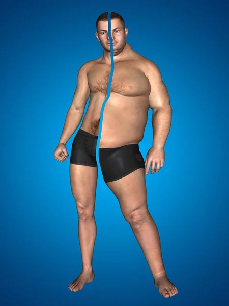 Koncepcja lub pojęciowy 3d tłuszczu nadwagą vs slim fit z mięśni młody człowiek na dietę na niebieskim tle — Zdjęcie stockowe