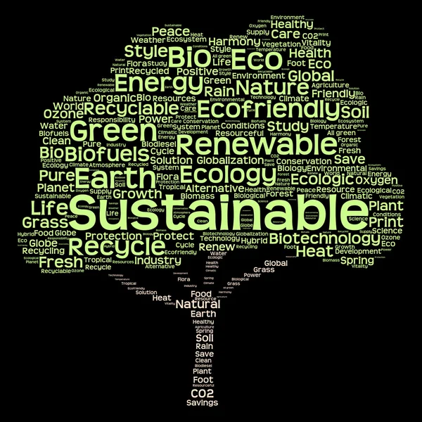 Conceptual green tree made of ecology, recycle or energy text as wordcloud isolated on black background — Stock Photo, Image