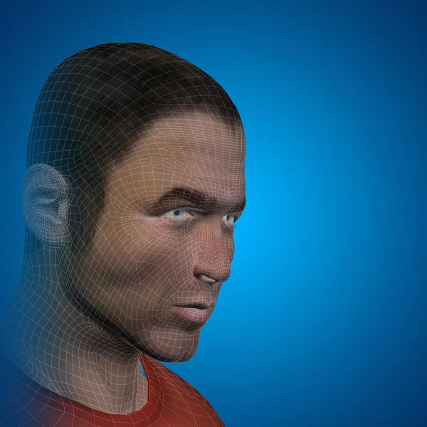 Concept ou conceptuel 3D wireframe jeune homme ou homme visage ou tête sur fond bleu — Photo