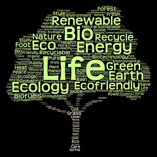 Conceptuele groene boom gemaakt van ecologie, recycleren of energie tekst als wordcloud geïsoleerd op zwarte achtergrond — Stockfoto
