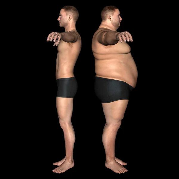 Concept or conceptual 3D fat overweight vs slim fit diet with muscles young man isolated on black background — Stock Photo, Image