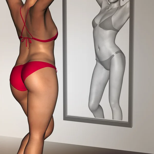 Concept of conceptuele 3D-vrouw, meisje als vet, overgewicht vs passen gezond, mager ondergewicht anorexia vrouwelijke vóór en na een dieet over een spiegel — Stockfoto