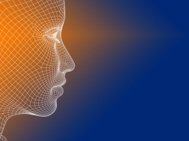 Kavram ya da kavramsal 3d tel kafes genç insan erkek ya da kadın yüzü ya da turuncu mavi arka plan baş