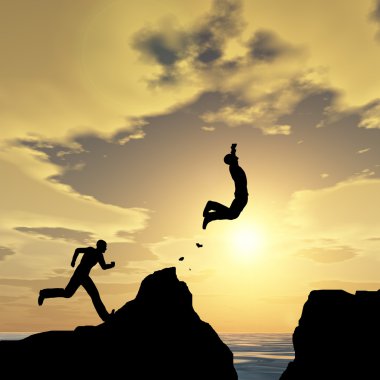 Kavram ya da kavramsal 3d genç adam ya da işadamı siluet atlamak mutlu uçurumun üzerinden su gap gündoğumu veya günbatımı gökyüzü arka plan