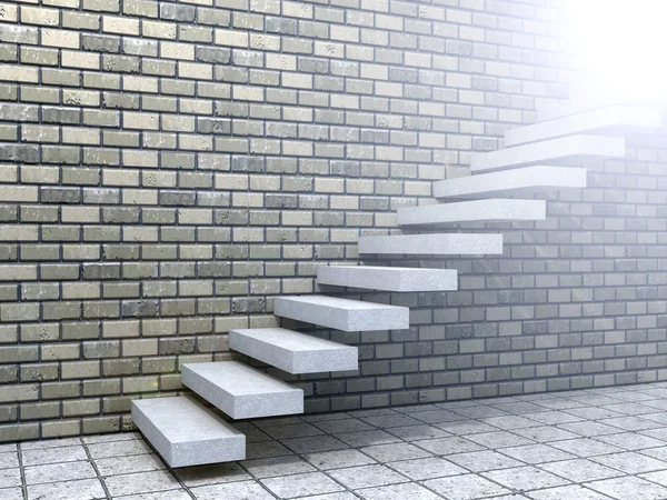 Concepto o conceptual de piedra blanca o escalera de hormigón o pasos cerca de un fondo de pared de ladrillo con madera — Foto de Stock