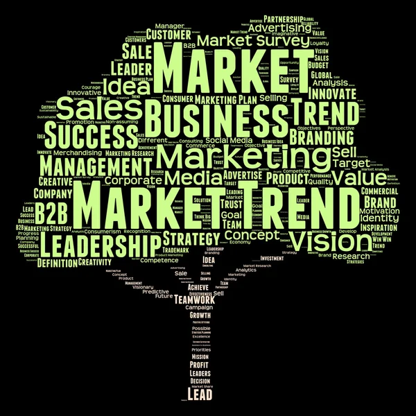 Conceito ou conceitual árvore verde liderança marketing ou negócios nuvem de palavras isolado no fundo preto wordcloud — Fotografia de Stock