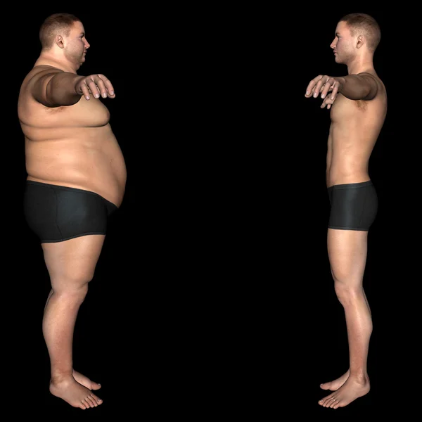 Koncepce nebo konceptuální 3d tlustá obézní vs slim fit dieta s svaly mladík izolovaných na černém pozadí — Stock fotografie