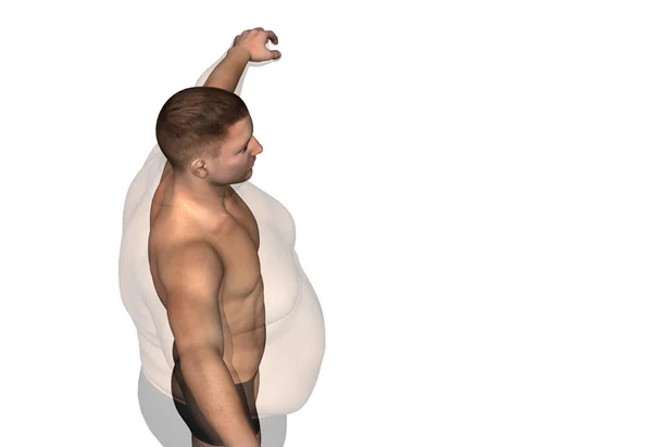 Koncepcja lub 3d pojęciowy tłuszczu nadwagą vs slim pasuje dieta mięśnie mężczyzna młody na białym tle — Zdjęcie stockowe
