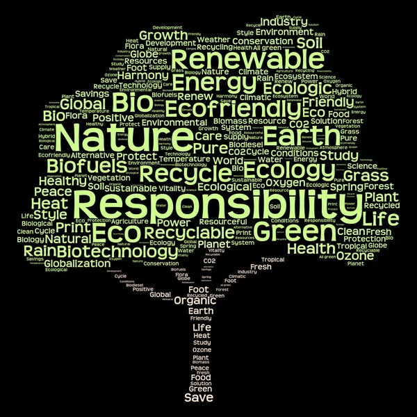 Conceptual green tree made of ecology, recycle or energy text as wordcloud isolated on black background — Stock Photo, Image