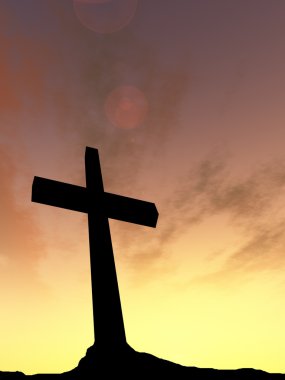 Kavramsal siyah haç veya din sembolü siluet gündoğumu gökyüzü üzerinde kayalarda