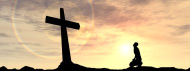 Kavram kavramsal siyah haç veya din sembolü bir günbatımı gökyüzü üzerinde kayalarda adam siluet