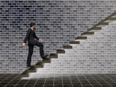 Kavram ya da kavramsal 3d adam ya da bir merdiven veya yakınındaki bir duvar arka plan adımları tırmanma işadamı