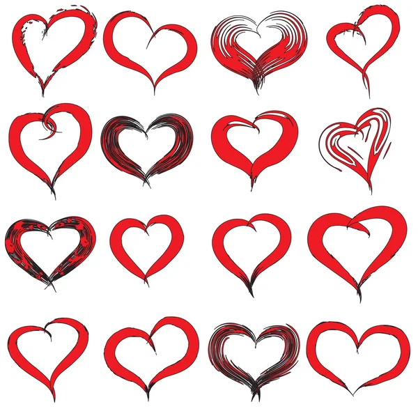 Concept or conceptual painted red black heart shape or love symbol set or collection, made by a happy child at school isolated on background — Stock Photo, Image