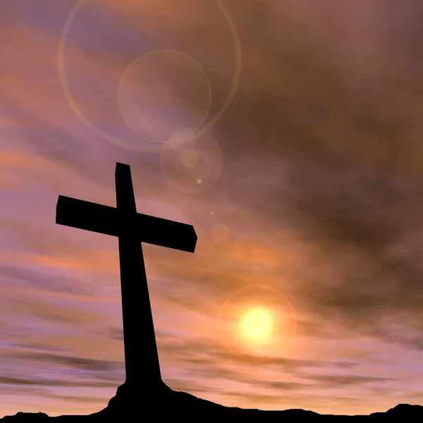 Konzept konzeptionelles schwarzes Kreuz oder religiöses Symbol Silhouette in Felslandschaft über einem Sonnenuntergang oder Sonnenaufgang Himmel mit Sonnenlicht Wolken Hintergrund — Stockfoto