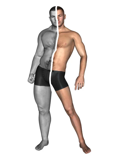Conceito ou conceitual 3D forte jovem homem fisiculturista antes e depois isolado no fundo branco — Fotografia de Stock