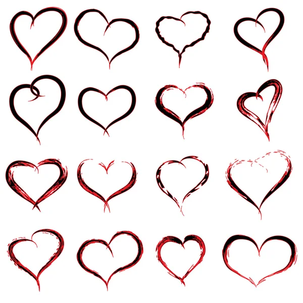 Concept or conceptual painted red black heart shape or love symbol set or collection, made by a happy child at school isolated on background — Stock Photo, Image