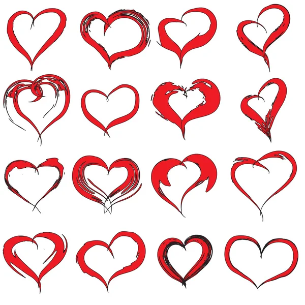 Concept or conceptual painted red black heart shape or love symbol set or collection, made by a happy child at school isolated on background — Stock Photo, Image