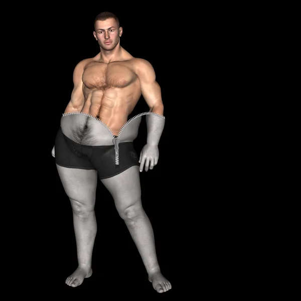 Concept ou concept 3D graisse en surpoids vs alimentation slim fit avec fermeture éclair muscles jeune homme isolé sur fond noir — Photo