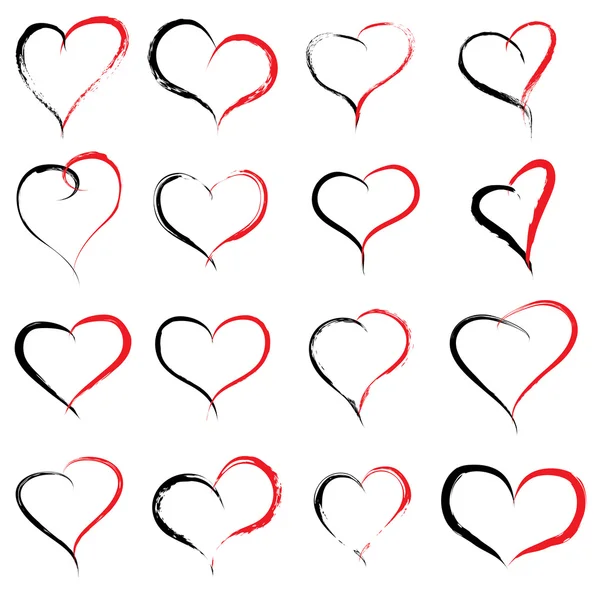 Koncept eller begreppsmässig målade röd svart hjärta form eller kärlek symboluppsättning eller samling, som ett lyckligt barn i skolan isolerad på bakgrunden — Stockfoto