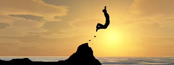 Concepto o conceptual 3D hombre joven o hombre de negocios silueta salto feliz desde el acantilado sobre la brecha de agua puesta de sol o amanecer cielo fondo bandera —  Fotos de Stock