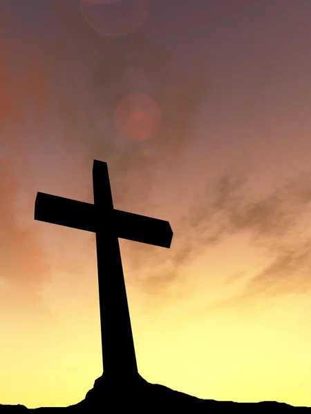 Cruz preta conceitual ou silhueta símbolo religião em rochas sobre o céu do nascer do sol — Fotografia de Stock
