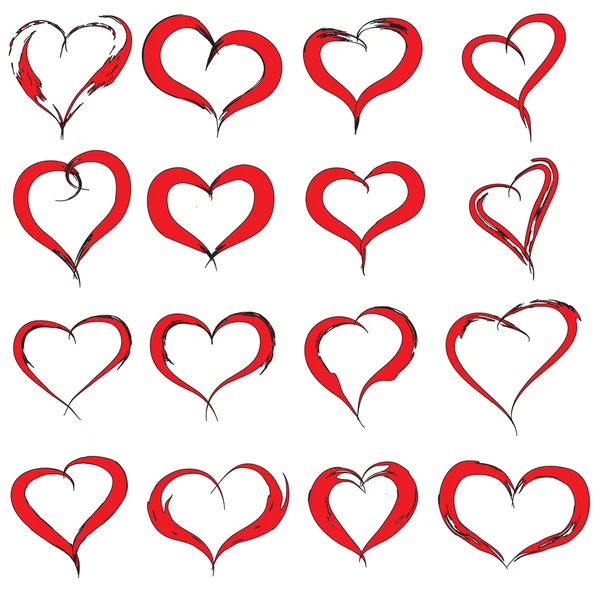 Concept or conceptual painted red black heart shape or love symbol set or collection, made by a happy child at school isolated on background — Stock Photo, Image