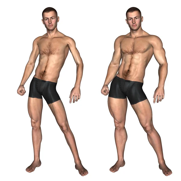 Bodybuilder vs ondergewicht dunne man — Stockfoto