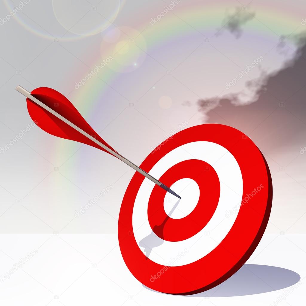 red dart target board with an arrow in the center on white ground and sky background