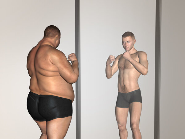 Избыточный вес против стройного человека, отражающего
