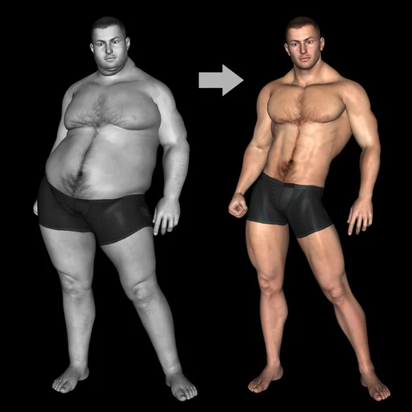 Fedt overvægtige vs slank fit mand - Stock-foto