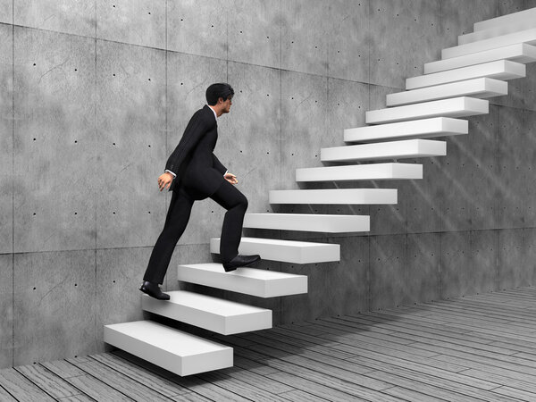 Concept or conceptual 3D man or businessman climbing on a stair or steps near a wall background