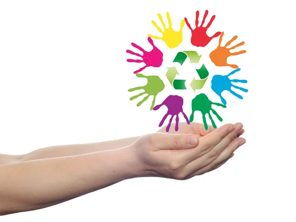 Hands with green recycle symbol — Stock Photo, Image