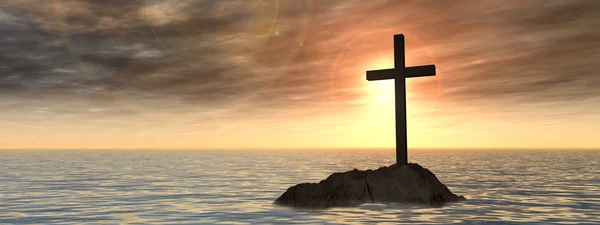 Χριστιανικό σταυρό σε ένα μικρό νησί βράχου — Φωτογραφία Αρχείου