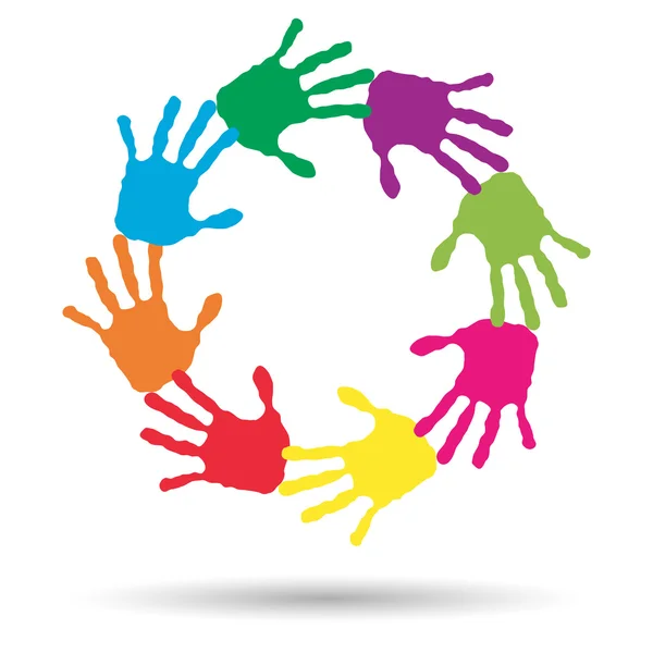 Cirkel, gemaakt van kleurrijke geschilderde mensenhanden — Stockfoto