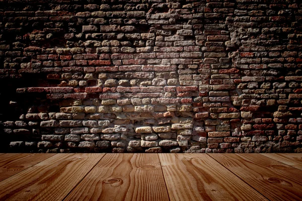 Wooden old texture floor and brick wall — Stock Photo, Image
