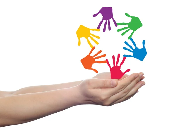 Spiral  of colorful painted human hands — Stock Photo, Image