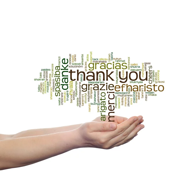 Concept or conceptual abstract thank you word cloud held in hands in different languages or multilingual for education or Thanksgiving Day — Stock Photo, Image