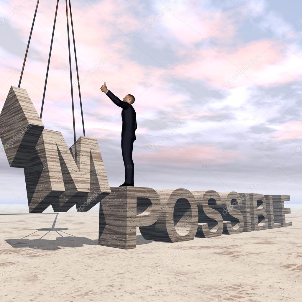 man standing over stone impossible text 