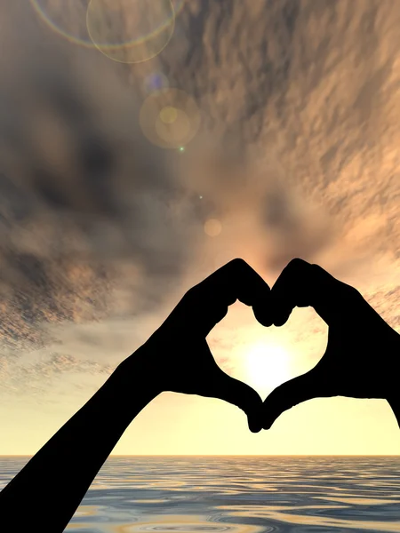 Forma do coração feito de silhuetas mãos sobre um céu e mar ou água ao pôr do sol fundo — Fotografia de Stock