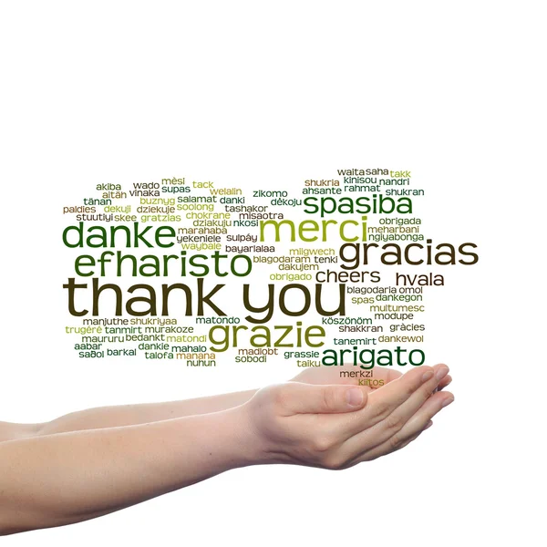 Koncepció, vagy elvont fogalmi köszönöm szó felhő tartott kezében vagy többnyelvű oktatás vagy a hálaadás napja, különböző nyelveken — Stock Fotó