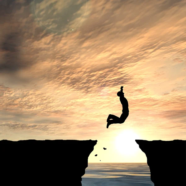 ビジネスマンのシルエットが崖の上からジャンプ — ストック写真