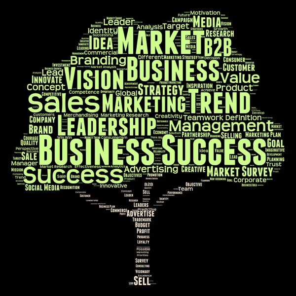 Concept or conceptual green tree leadership marketing or business word cloud isolated on black background wordcloud — Stock Photo, Image