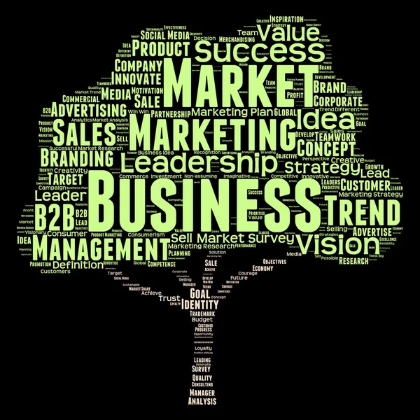 Concept or conceptual green tree leadership marketing or business word cloud isolated on black background wordcloud — Stock Photo, Image