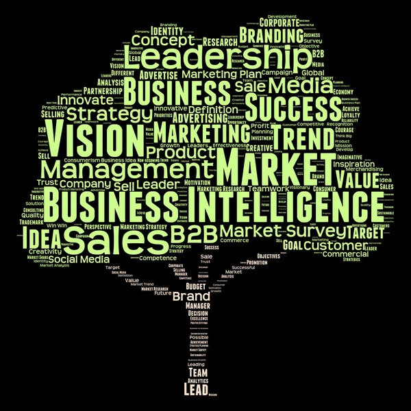 Concept of conceptuele groene boom leiderschap marketing of zakelijke woord wolk geïsoleerd op zwarte achtergrond wordcloud — Stockfoto